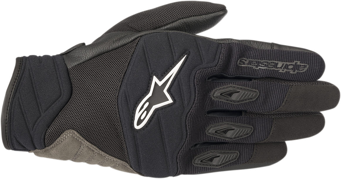Alpinestars Shore Black Gloves in 2XL size, featuring durable material and secure wrist closure, displayed on a plain background.