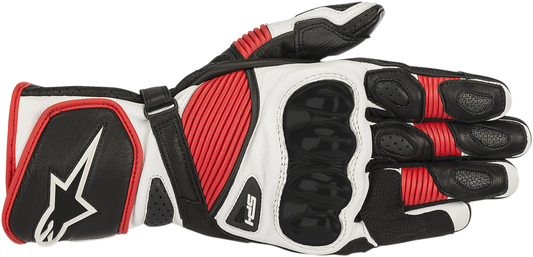 Alpinestars SP-1 V2 motorcycle gloves in black, white, and red, size 2XL, with reinforced knuckles and breathable material.