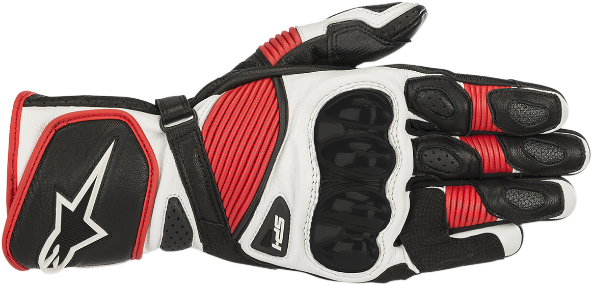 Alpinestars SP-1 V2 motorcycle gloves in black, white, and red, size 3XL, featuring protective knuckles and adjustable wrist straps.