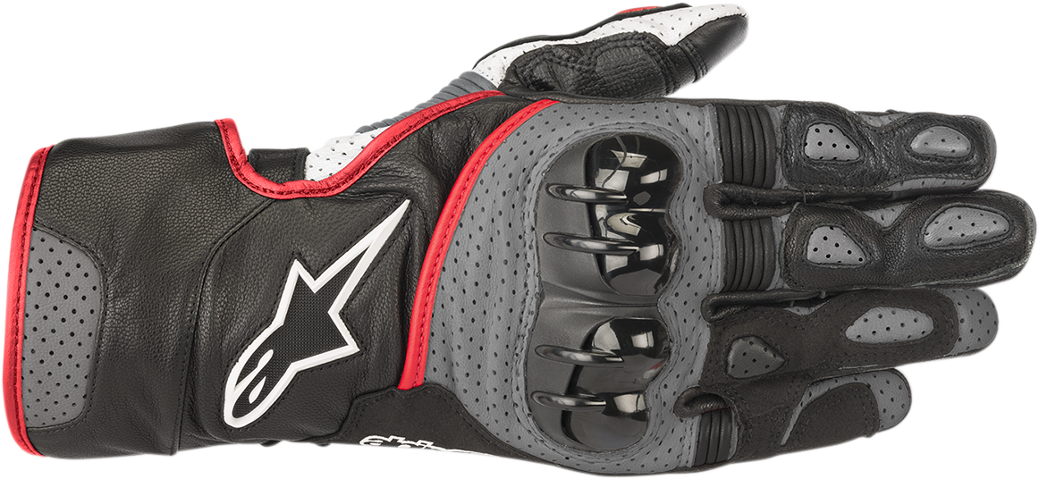 Alpinestars SP-2 V2 motorcycle gloves in black, gray, and fluo red, small size, featuring protective knuckles and breathable design.