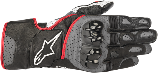 Alpinestars SP-2 V2 motorcycle gloves in black, gray, and fluo red, small size, featuring protective knuckles and breathable design.