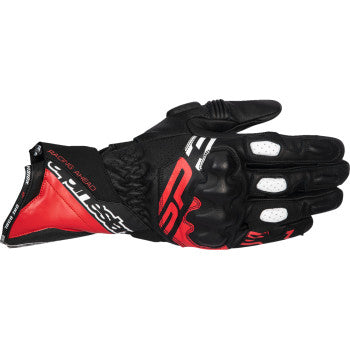 Alpinestars SP-3 motorcycle gloves in black, bright red, and white, in 2XL size, featuring protective padding and durable design.