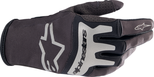 Alpinestars Techstar gloves in black and brushed silver, small size, showing the durable leather and protective design features.