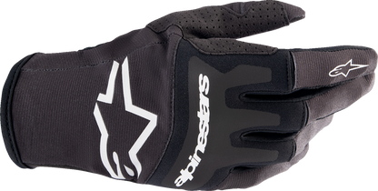 Alpinestars Techstar gloves in black, large size, showing textured leather construction and secure wrist closure.