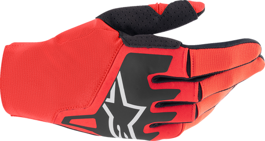 Alpinestars Techstar motorcycle gloves in Mars Red and Black, large size, with protective knuckles and adjustable wrist strap.