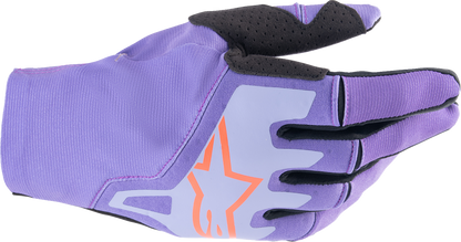 Alpinestars Techstar motorcycle gloves in purple and black, large size, featuring protective armor and adjustable wrist straps.