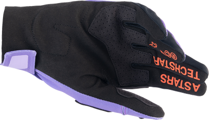 Alpinestars Techstar motorcycle gloves in purple and black, large size, featuring protective knuckles and textured grip.