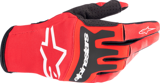 Alpinestars Techstar motorcycle gloves in warm red and black, XL size, with protective knuckles and breathable fabric.