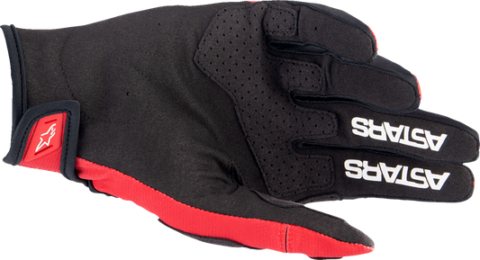 Alpinestars Techstar Gloves in Warm Red and Black, size XL, showing padded knuckles and leather construction for motorcycle riding.