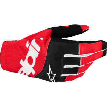 Alpinestars Techstar MX gloves in black and bright red, XL size, featuring protective knuckles and flexible grip for motocross riding.