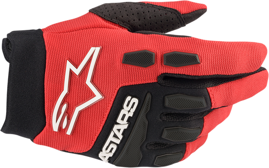 Alpinestars Youth Full Bore Gloves in bright red and black, large size, designed for motocross or racing activities.