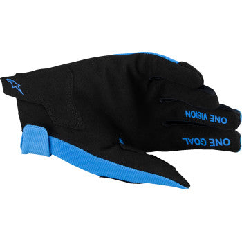 Alpinestars Youth Radar MX Gloves in blue and black, size XS, with padded knuckles and adjustable wrist strap.