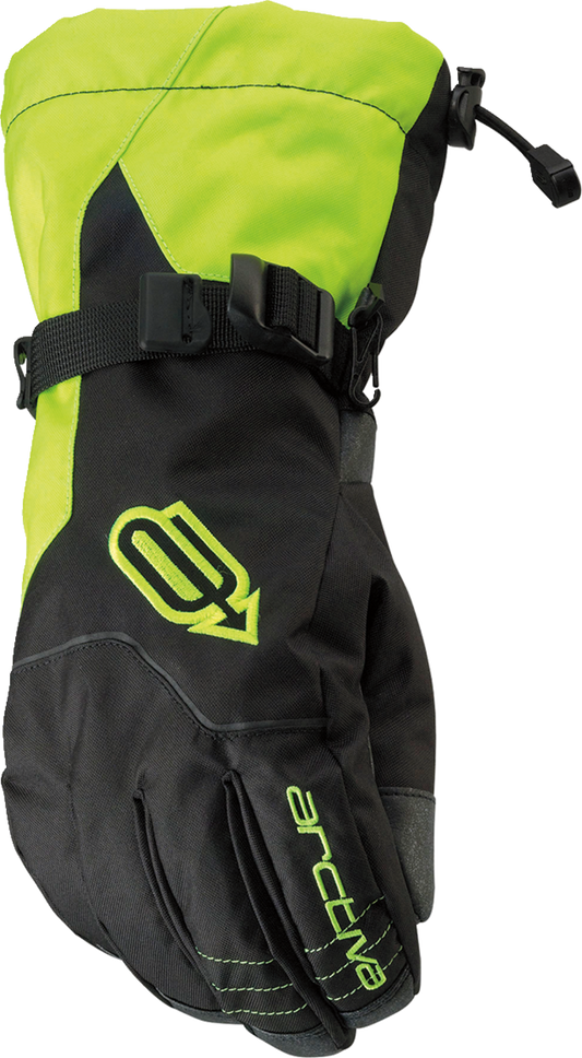 Bill's Exhausts ARCTIVA Pivot Gloves in black and hi-vis, large size, showing durable fabric and secure wrist closure.