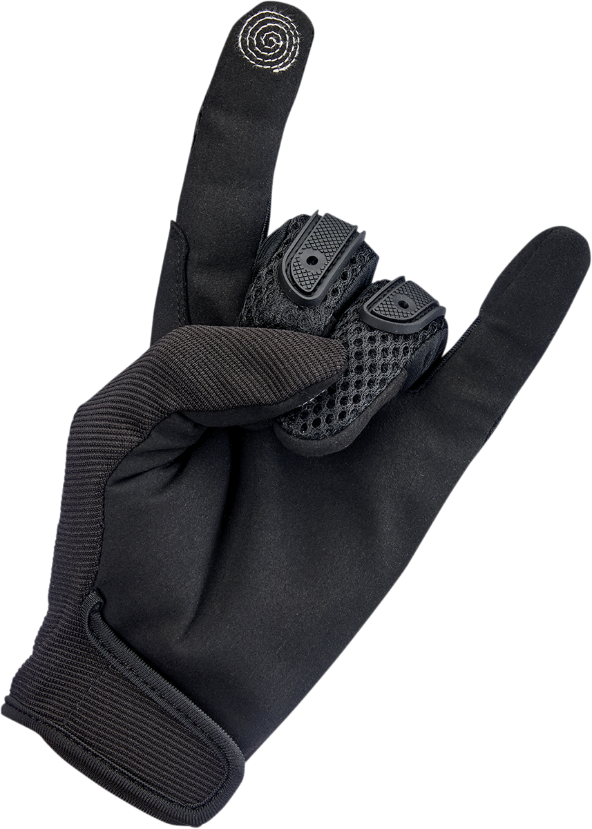 Biltwell Anza Black Out Gloves in large size with textured leather and knuckle protection, designed for motorcycle riding comfort.