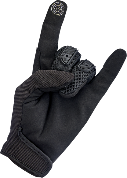 Biltwell Anza Black Out Gloves in large size with textured leather and knuckle protection, designed for motorcycle riding comfort.