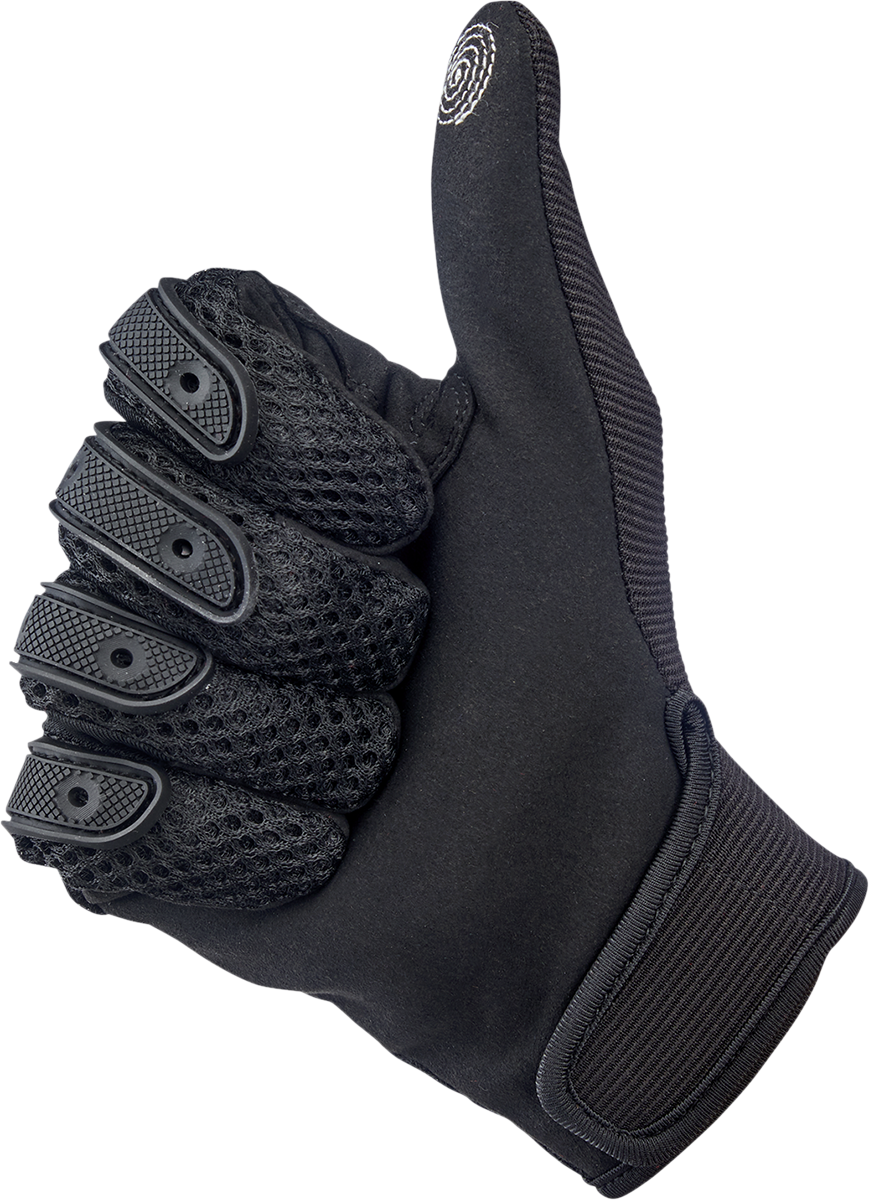 Black Biltwell Anza Gloves in large size, designed for motorcycle riders, featuring durable material and a snug fit.