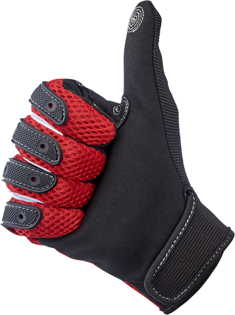Red BILTWELL Anza gloves in XS size, made of durable material, designed for motorcycle riding and protection.