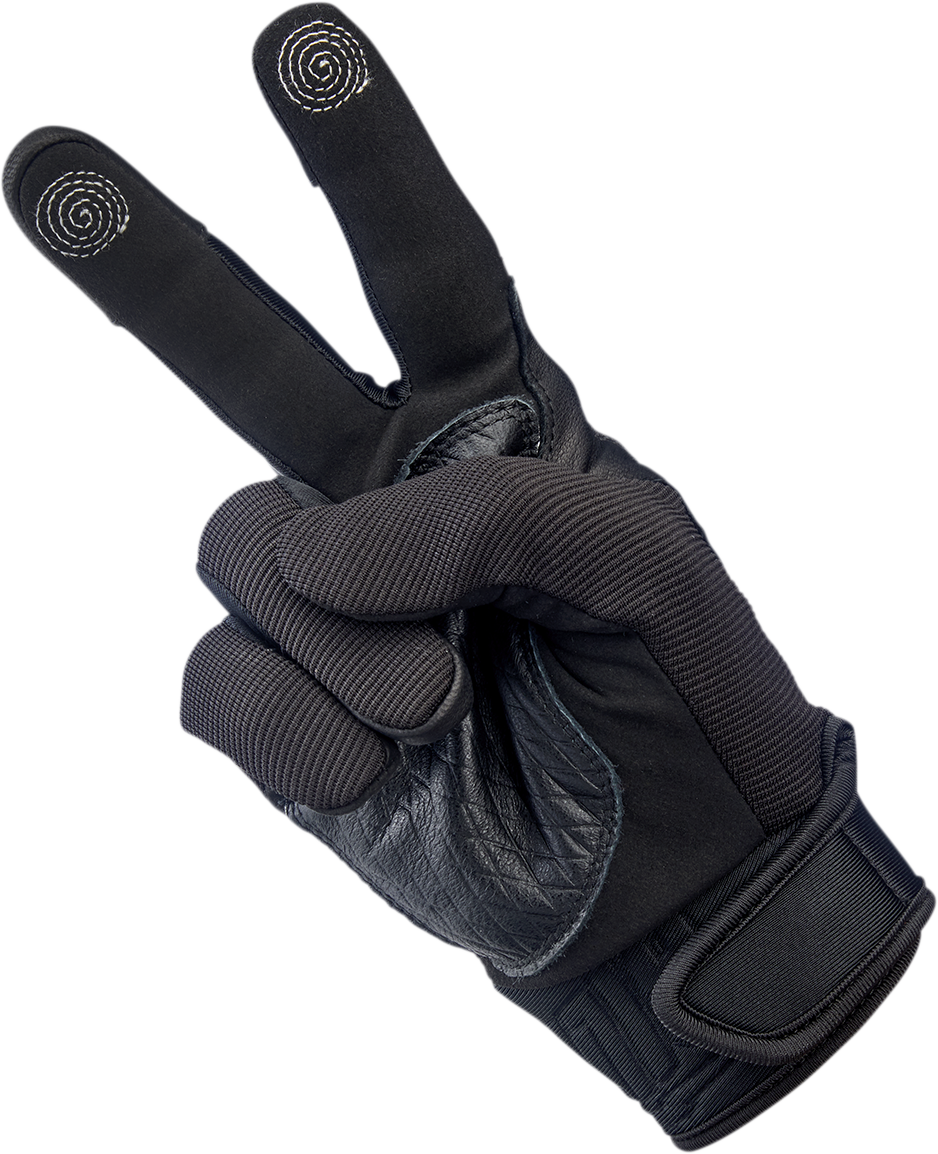 Biltwell Baja Gloves in black Out, size XS, featuring durable leather and protective knuckle guards for motorcycle riding.
