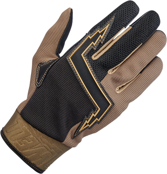 Chocolate Biltwell Baja Gloves for small hands, featuring durable material and snug fit, designed for motorcycle riding comfort.