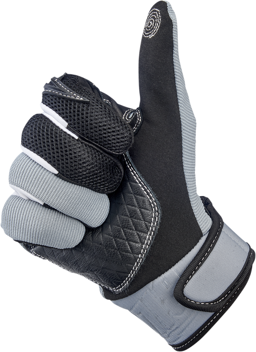 Gray Biltwell Baja Gloves in 2XL size, featuring durable motorcycle glove design with padded palms and adjustable wrist straps.