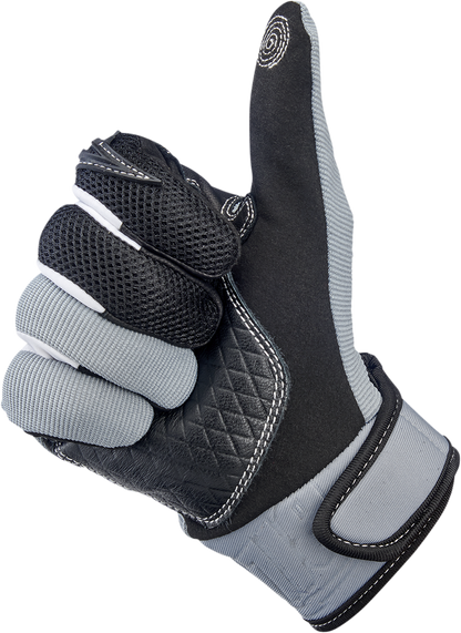 Gray Biltwell Baja Gloves in 2XL size, featuring durable motorcycle glove design with padded palms and adjustable wrist straps.