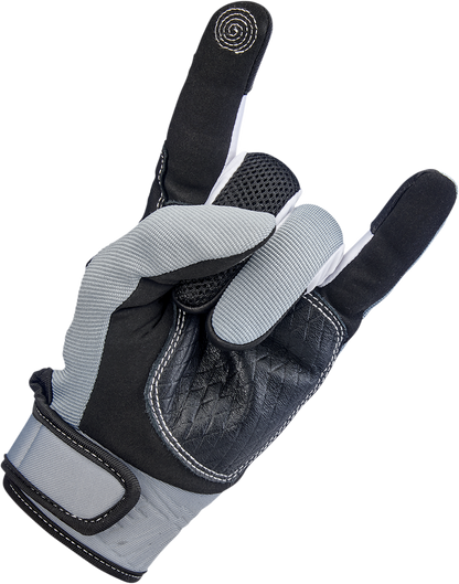 Gray Biltwell Baja Gloves for small hands, featuring durable leather and flexible design, by Bill's Exhausts.