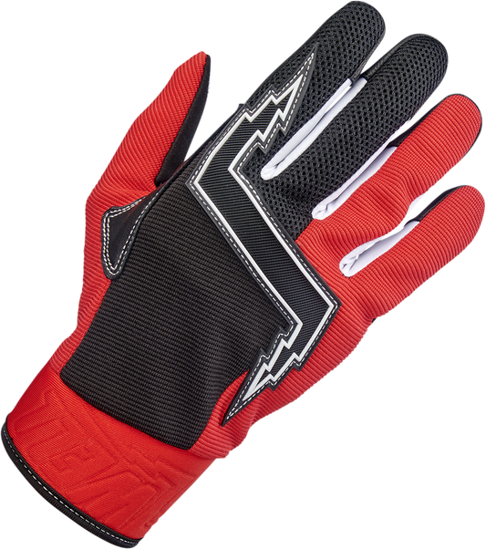 Red Biltwell Baja Gloves in small size, featuring durable riding glove design with protective knuckles and adjustable wrist strap.