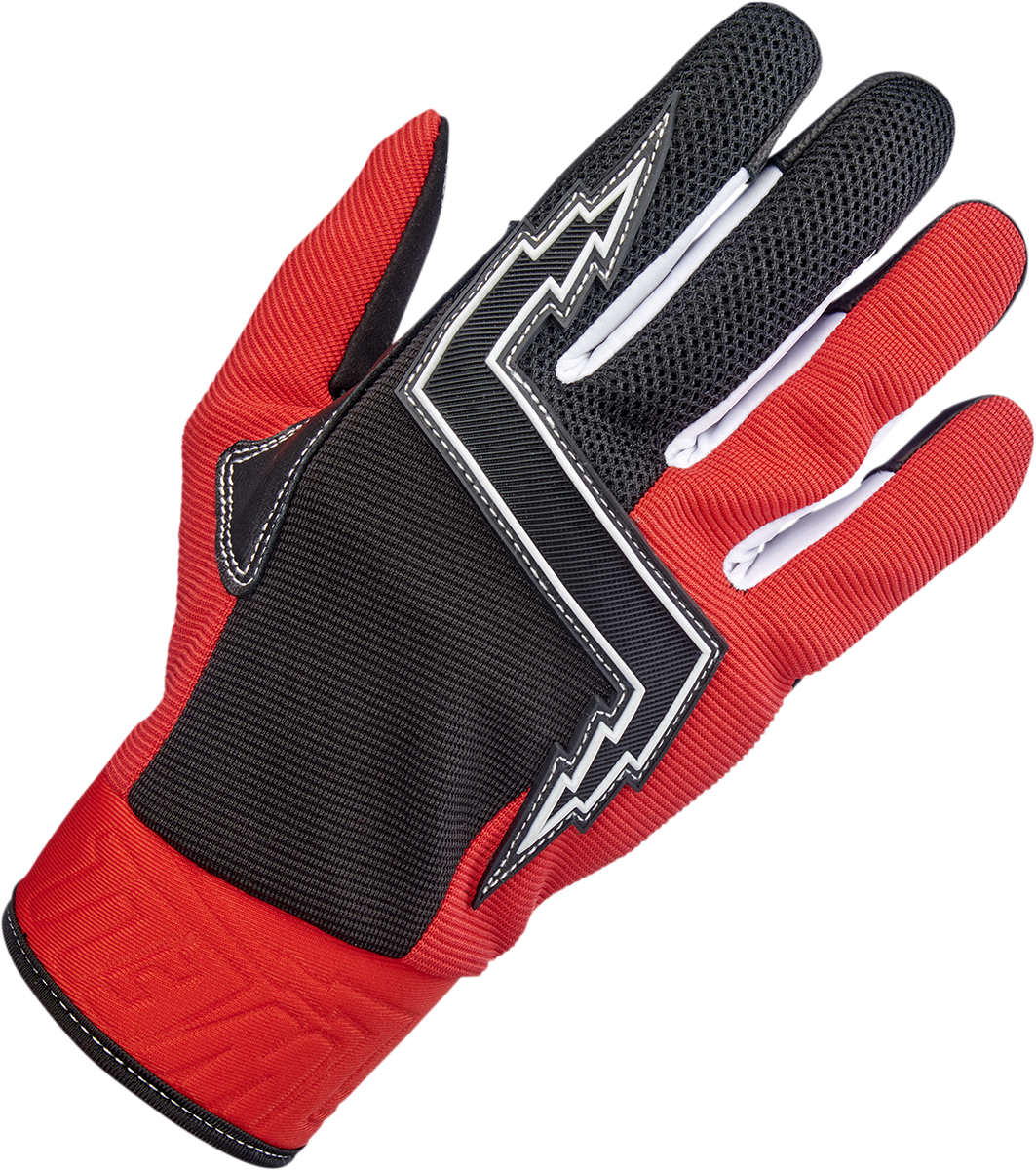 Red Biltwell Baja Gloves in XS size, lightweight motorcycle gloves with reinforced palms and secure wrist closure.