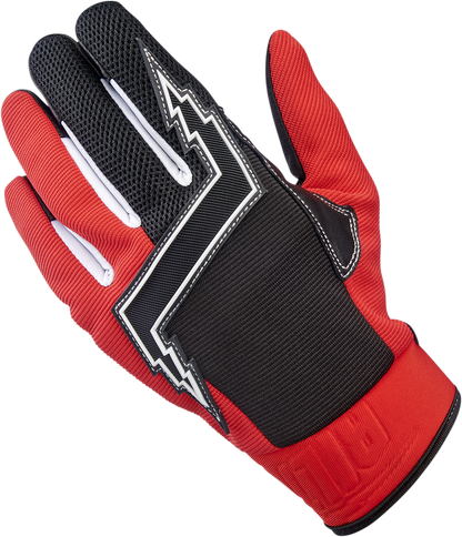 Red Biltwell Baja gloves in XS size with leather and textile construction, featuring reinforced palms and adjustable wrist strap.