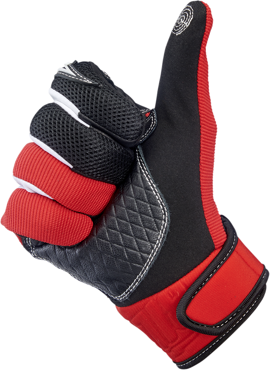 Red Biltwell Baja Gloves in XS size, featuring durable fabric and secure wrist closure, designed for motorcycle riding comfort.
