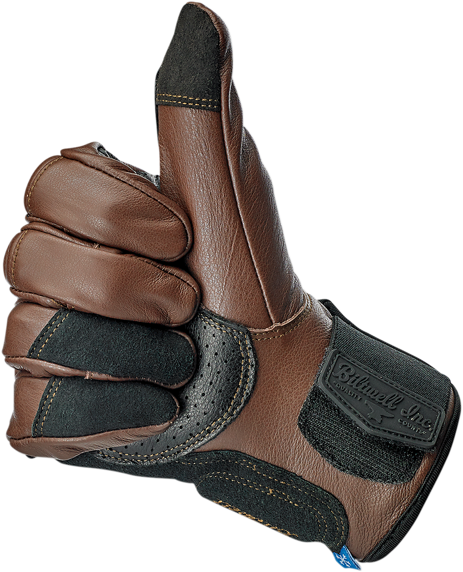 BILTWELL Belden Gloves in chocolate and black, large size, showing the durable riding gloves with textured palm and snug fit design.