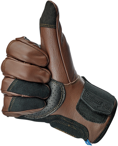 BILTWELL Belden Gloves in chocolate and black, large size, showing the durable riding gloves with textured palm and snug fit design.
