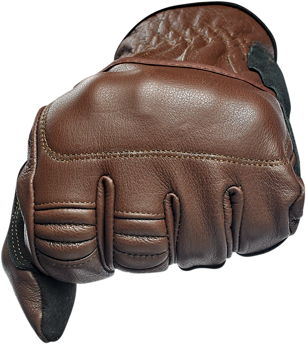 Biltwell Belden Gloves in chocolate and black, large size, showing durable leather construction and detailed stitching.