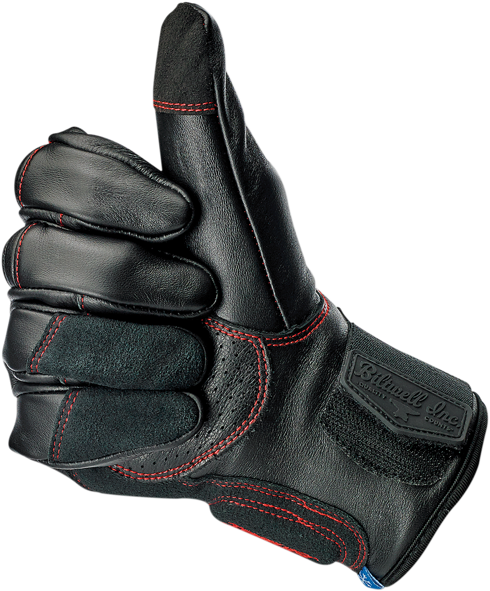 Biltwell Belden Redline Gloves in 2XL, red and black motorcycle gloves with reinforced knuckles and adjustable wrist strap.