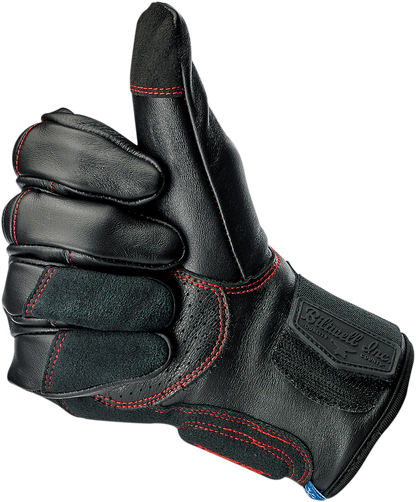 Biltwell Belden Redline Gloves in 2XL, red and black motorcycle gloves with reinforced knuckles and adjustable wrist strap.