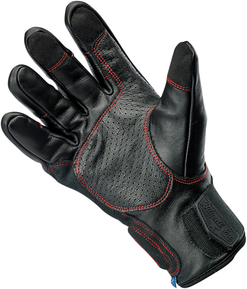 Red Biltwell Belden Gloves in 2XL size, featuring durable construction and vibrant redline design for motorcycle riding comfort.