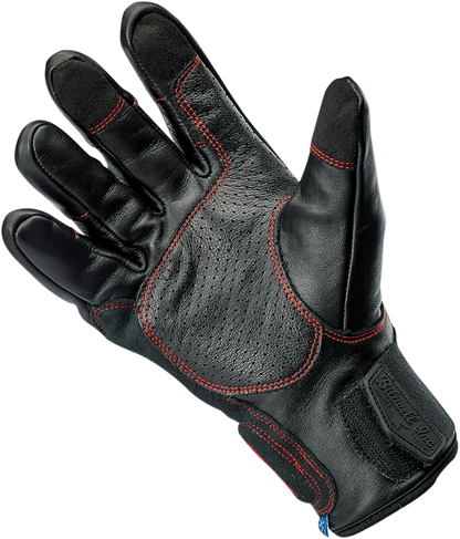 Red Biltwell Belden Gloves in 2XL size, featuring durable construction and vibrant redline design for motorcycle riding comfort.