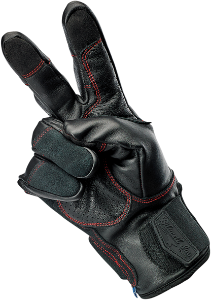 Red BILTWELL Belden Gloves in 2XL size, featuring durable leather and redline design, ideal for motorcycle riding.