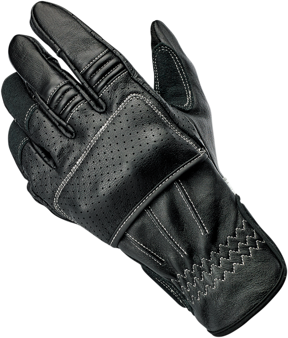 Black and cement Biltwell Borrego gloves in medium size, featuring rugged leather and protective design for motorcycle riding.