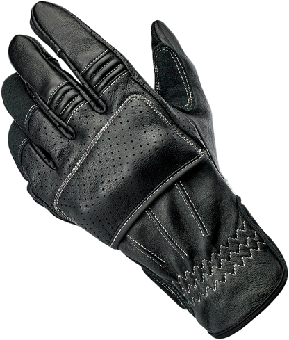 Black and cement Biltwell Borrego gloves in medium size, featuring rugged leather and protective design for motorcycle riding.