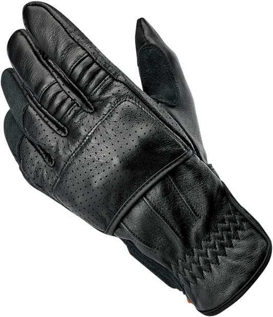 Black Biltwell Borrego Gloves in small size, showing the durable leather construction and secure wrist strap.