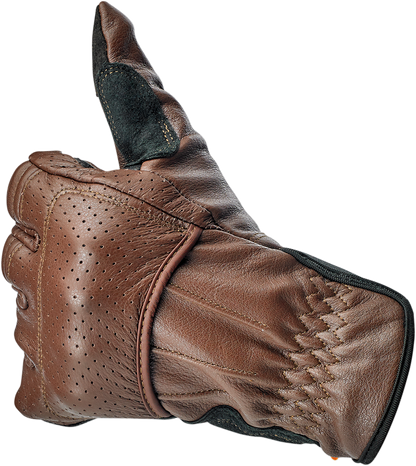 Biltwell Borrego Gloves in chocolate and black, 2XL, showing durable leather construction and secure wrist closure.