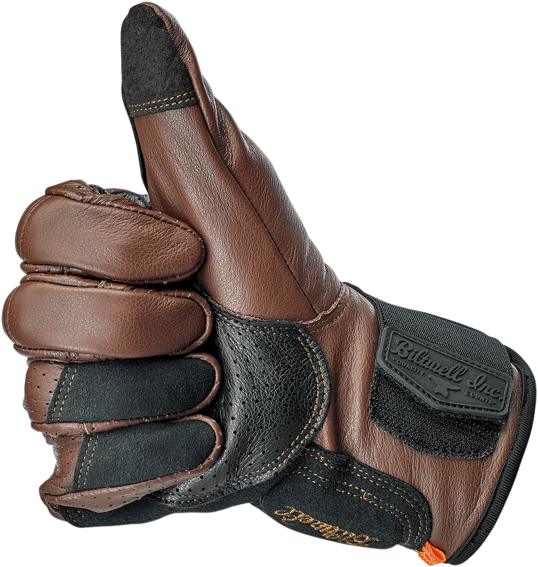 BILTWELL Borrego Gloves in chocolate and black, large size, durable motorcycle gloves with textured leather and knuckle protection.