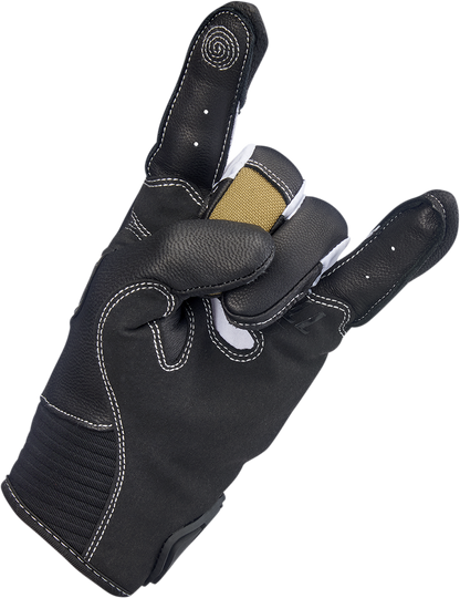 Tan Biltwell Bridgeport Gloves in medium size, showing detailed stitching and flexible leather construction.