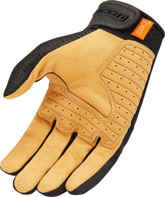 Black and tan ICON Airform™ gloves by Bill's Exhausts in small size, showing the sleek glove design with reinforced palms.
