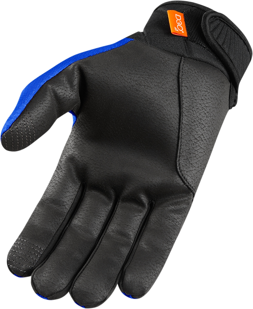 Blue ICON Anthem 2 CE™ gloves by Bill’s Exhausts in large size, showing the protective gloves with textured palms and adjustable wrist strap.