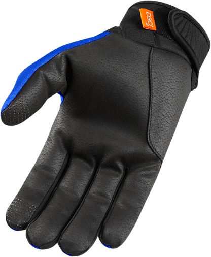 Blue ICON Anthem 2 CE™ gloves by Bill’s Exhausts in large size, showing the protective gloves with textured palms and adjustable wrist strap.