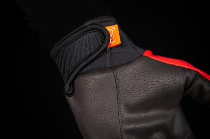 Red ICON Anthem 2 CE gloves by Bill's Exhausts, large size, showing detailed close-up of the protective motorcycle gloves