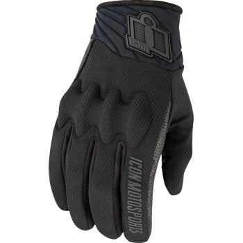 Black ICON Anthem3™ gloves in XL size, made by Bill's Exhausts, with a close-up view showing textured material and secure wrist closure.