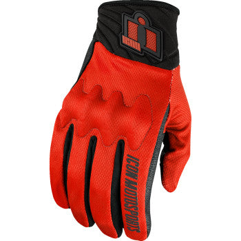 Red ICON Anthem3™ gloves in medium size by Bill's Exhausts, shown in a close-up image highlighting the gloves' design and fit.